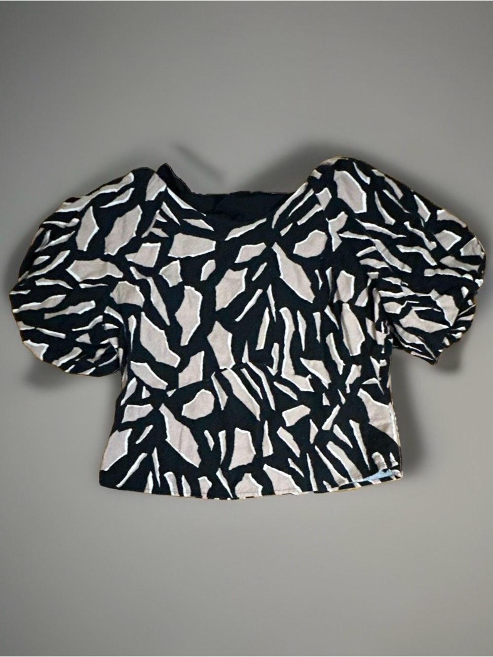 DKNY Women's Puff Sleeve Black & White Abstract Crop Top XL